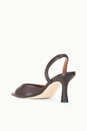 Espresso brown open-toe heeled sandals from the side with curved slingback strap