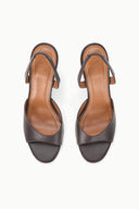 Pair of espresso brown open-toe heeled sandals with slingback straps