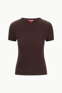 Dark chocolate cashmere crew-neck tee with short sleeves, fitted silhouette