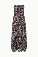 Tortoise silk strapless dress with animal-print bodice and flared maxi skirt