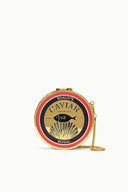 Gold round metal caviar tin with red/black label, lid and small side handle