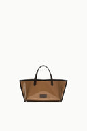 Mini tote bag in espresso brown with black top handles and clear plastic body