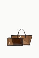 Mini tote bag with compact pouch, espresso brown clear body and black handles
