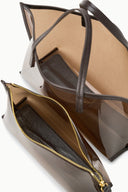 Mini tote bag open with dark interior and zipped pouch with gold zipper