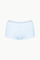 Light blue micro-check bikini bottom, flat lay of shorts with front seam.