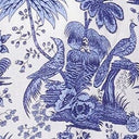 Blue toile print fabric detail on one-piece swimsuit front