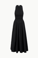 Black sleeveless maxi dress with high neck and gathered tiered skirt