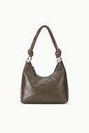Truffle brown slouchy shoulder bag with braided straps and silver accents