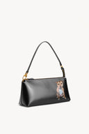 Black Kaia top-handle bag with dog photo badge and contrasting strap