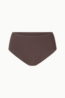 Flat-lay high-rise dark brown bikini bottom, smooth solid fabric