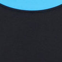 Black swimsuit neckline close-up with light blue trim at the collar.