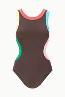 Dark chocolate one-piece swimsuit with pink neckline and sleeveless cut