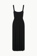 Black sleeveless midi dress with square neckline and pleated skirt