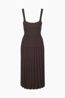 Dark brown sleeveless midi dress with straight straps and pleated ribbed skirt