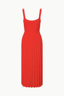 Red sleeveless pleated midi dress with square neckline