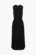 Black sleeveless midi knit dress on hanger, crew neck and pleated skirt