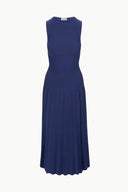 ELYSE navy sleeveless midi dress on hanger, crew neck and pleated skirt