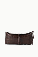 Espresso croc-embossed clutch bag with tie strap and structured front