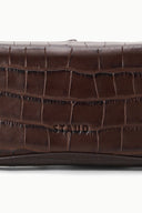 Espresso croc-embossed clutch close-up with top edge and stamped logo