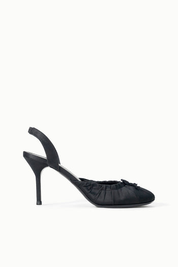 Black slingback high-heel pump with bow detail at the toe and slender stiletto heel