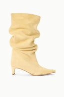 Butter slouch boot with stacked heel and ruched shaft