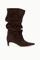 Brown suede slouch boots with stacked heel and ruched shaft, side view