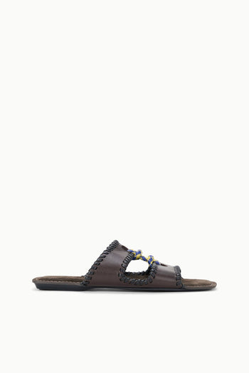 Espresso-brown slide sandals with braided crossover strap and open toe