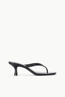 Black slim-heel strappy sandals with open toe and curved cross straps