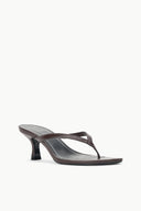 Espresso kitten-heel thong sandals, side view with thin T-strap and open toe