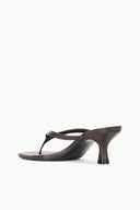 Espresso kitten-heel thong sandals with open toe and curved heel, side profile
