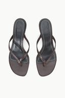 Espresso thong sandals, pair view, open toe with crisscross straps and kitten heels