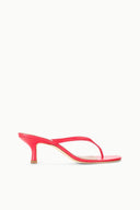 Red strappy kitten-heel sandal with open toe and thin thong strap