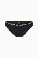 Black bikini bottom close-up with silver metal grommet trim at waistband