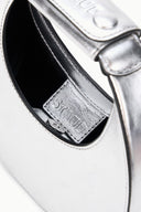 Silver bag interior with stitched card pocket and stamped label