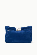 Cobalt suede cuff clutch with top zip closure and silver pull details