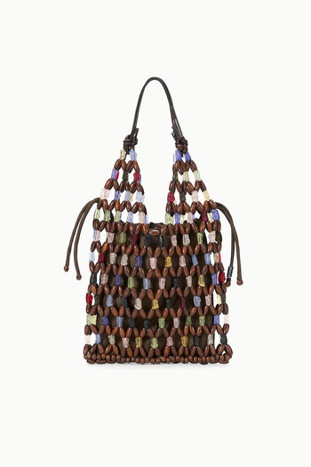 Beaded tote bag with multicolor oval beads and dark braided handles