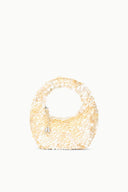 Cream sequined mini tote with handle, scallop texture.