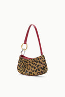 Cheetah-print shoulder bag with burgundy strap, gold ring hardware, compact shape