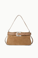 Tan suede shoulder bag with woven strap trim and silver buckle