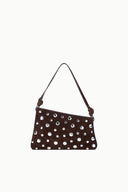 Mini shoulder bag in dark brown with silver stud pattern and single shoulder strap.