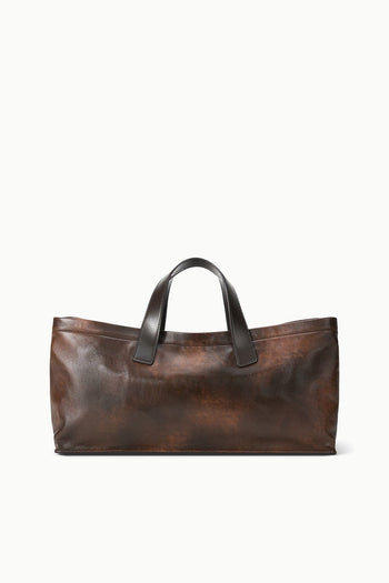 Distressed leather port tote with two top handles, espresso-brown