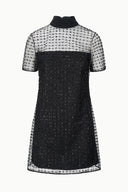 Mini Ilana dress, onyx black knit with white tweed-like trim and short sleeves