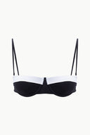 Black balconette bikini top with underwire cups, white band, and thin straps