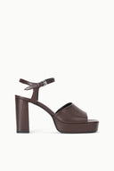 Brown leather-look platform heeled sandals with ankle strap and wide block heel