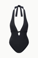 Black one-piece swimsuit with halter neck tie and front keyhole ring