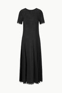 Black coverup dress flat lay, crew neck, short fringe sleeves, fringed hem