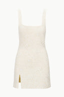 LE SABLE ivory sleeveless shift dress with square neckline, floral texture, side slit