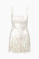 Pearl sequin fringe mini dress, sleeveless square neckline, tasseled hem