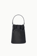 Black mini bucket bag with top handles and gathered front, silver-tone buckle detail