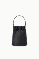 Black mini bucket bag with cinched opening and top handles, minimalist silver-tone hardware